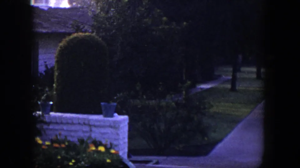 1954 Las Vegas frame showing a low white wall with pots, a curving walkway, clipped shrubs, trees, lawn, flowers, and part of a house.