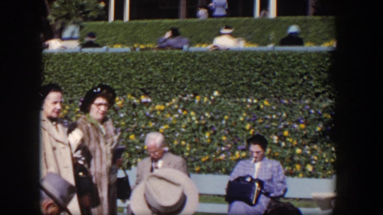 Two women stand near seated adults, with hedges and flowers behind them.