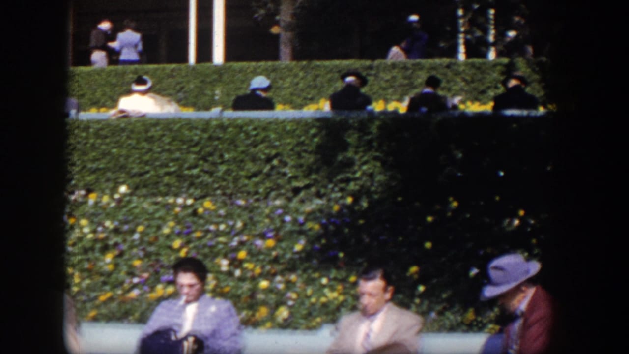 Adults in formal clothing sit near hedges and flowerbeds while pedestrians pass in front.