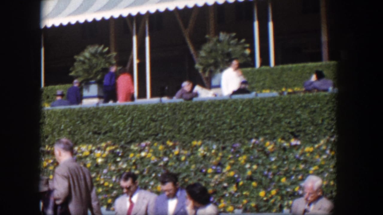 Spectators near hedges and flower beds below a striped awning at a racetrack viewing area.