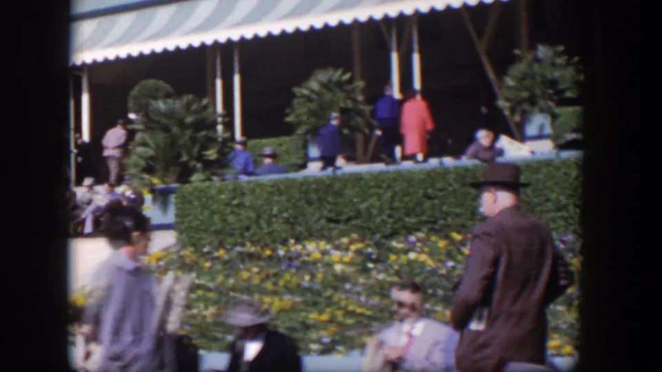 Las Vegas horse-racing spectators in 1954 stand and sit along a landscaped viewing tier with hedges, flowers, and awnings.