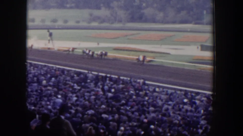 Las Vegas horse race footage with a crowded grandstand, riders on the track, palm trees, and reddish infield planting beds.