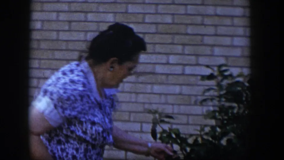 In the Las Vegas exterior, the woman bends slightly toward a plant near the brick wall while walking through the frame.