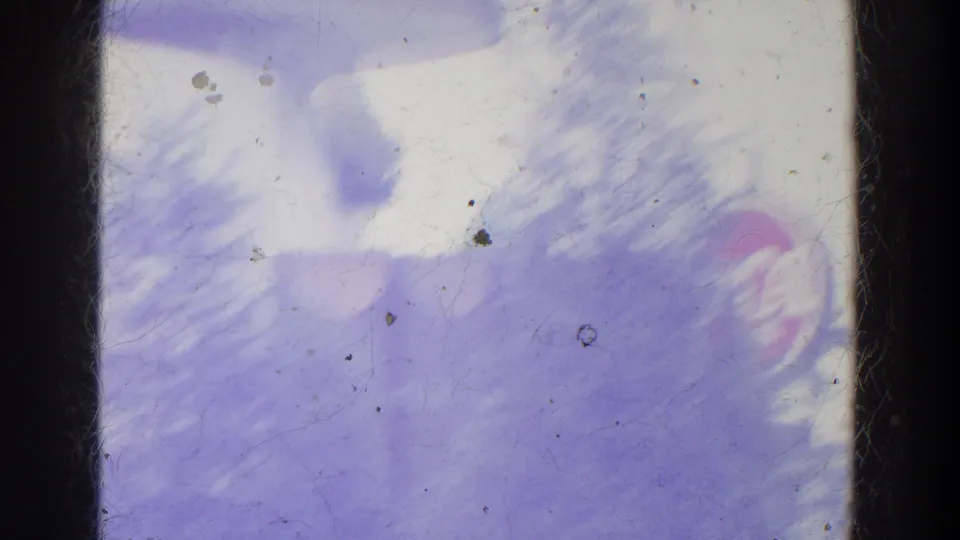 Soft 8mm fairground view with indistinct signs, structural forms, and motion blur in a purple-shifted home-movie frame.