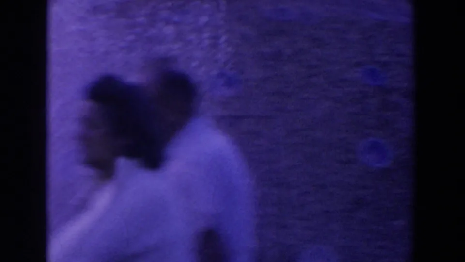 Purple-tinted home-movie frame with a blurred person beside rippled water or a fountain surface.