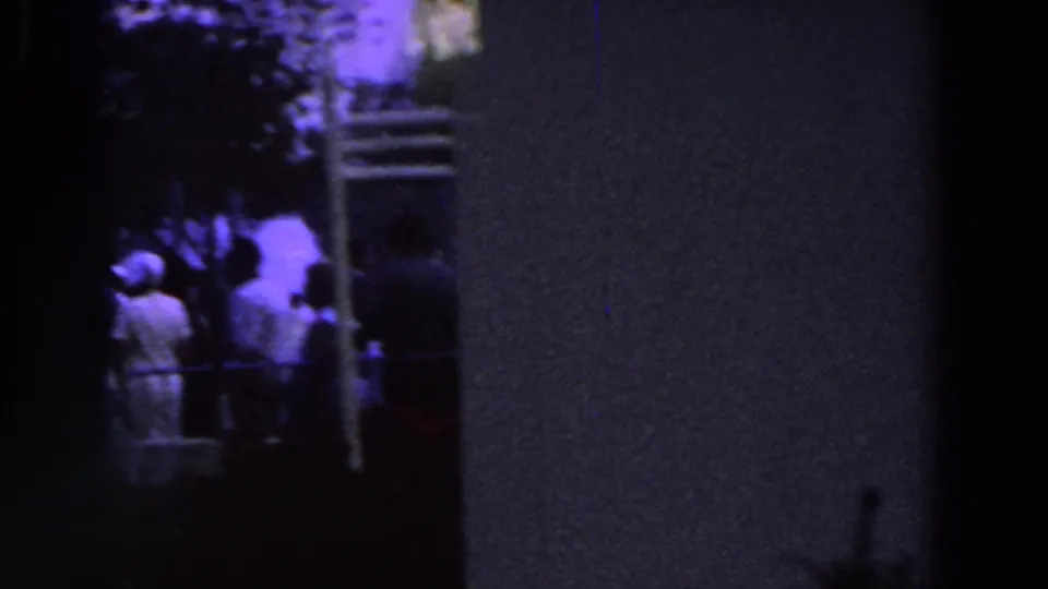 A dim 8mm frame shows people gathered near broad columns and trees, with figures partly obscured by darkness and motion blur.