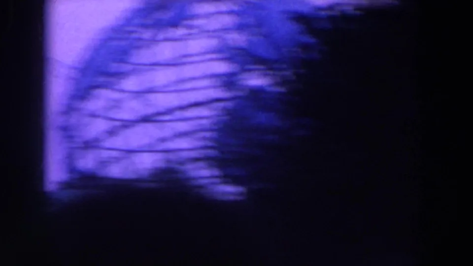 Motion-blurred blue-purple frame from handheld 8mm footage, showing indistinct surface or tree-like lines.