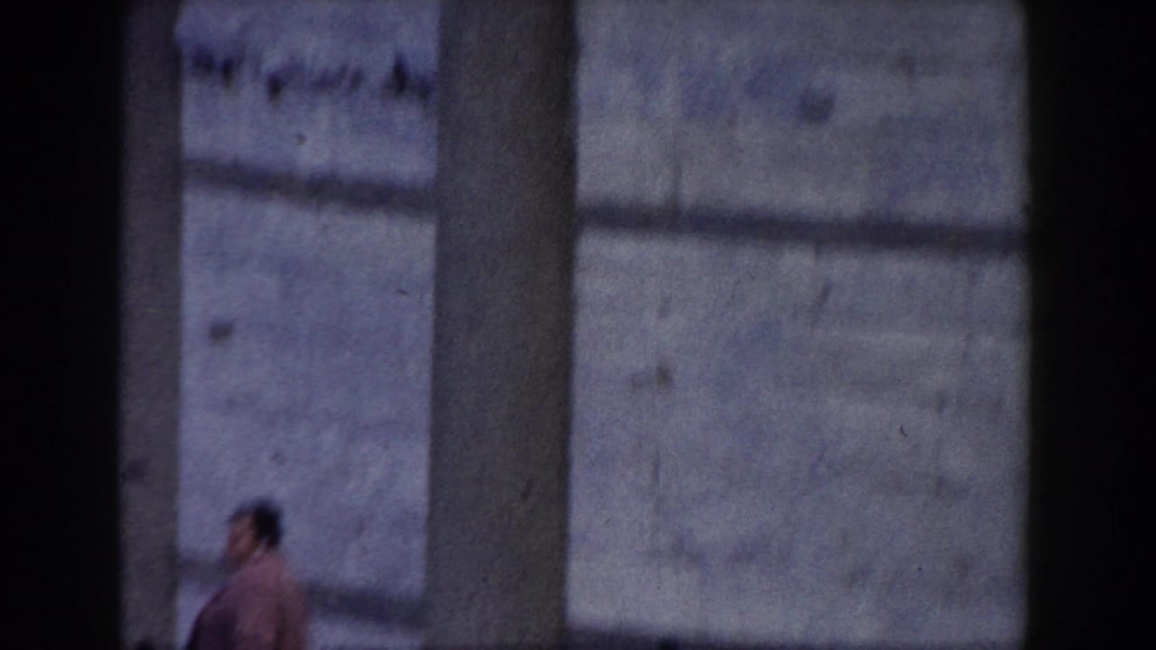Woman partly obscured by columns while walking past pale stone walls.