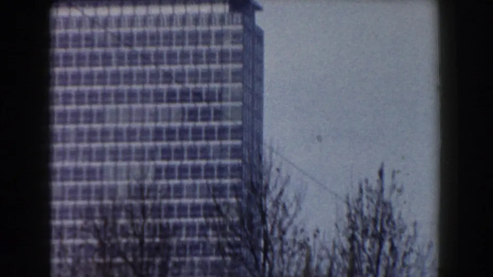 1959 Pisa frame with a tall gridded modern facade, bare tree branches, pale sky, and dark window-like framing.