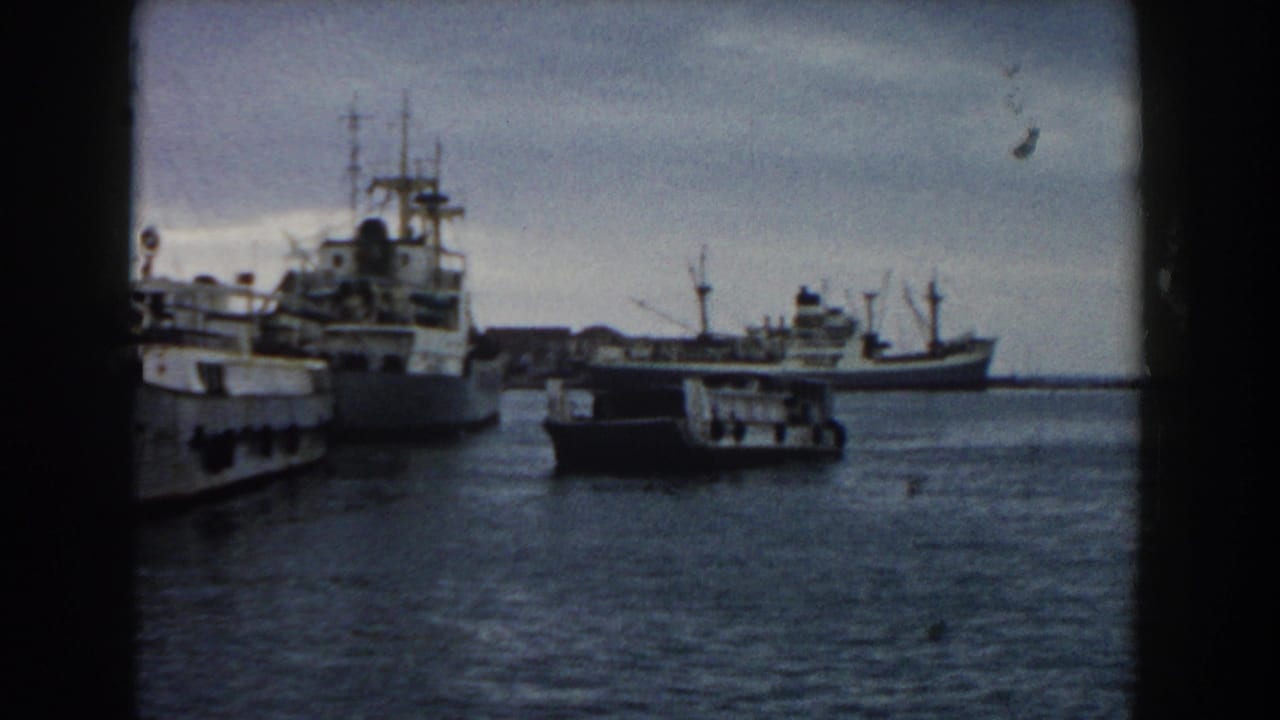 1959 Pisa harbor view with larger ships at left, a smaller boat near center, and a low shoreline under overcast sky.