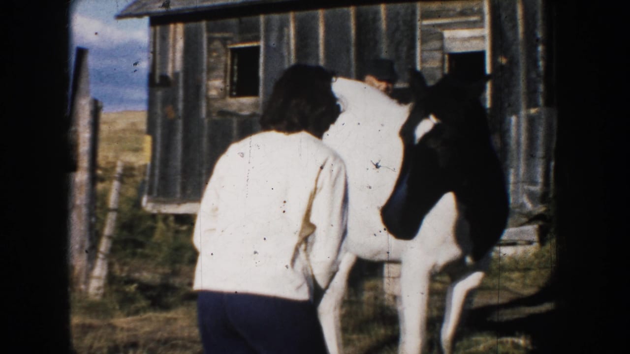 1953 South Dakota home-movie frame of a woman approaching a black and white horse in a rustic farmyard beside a wooden barn.
