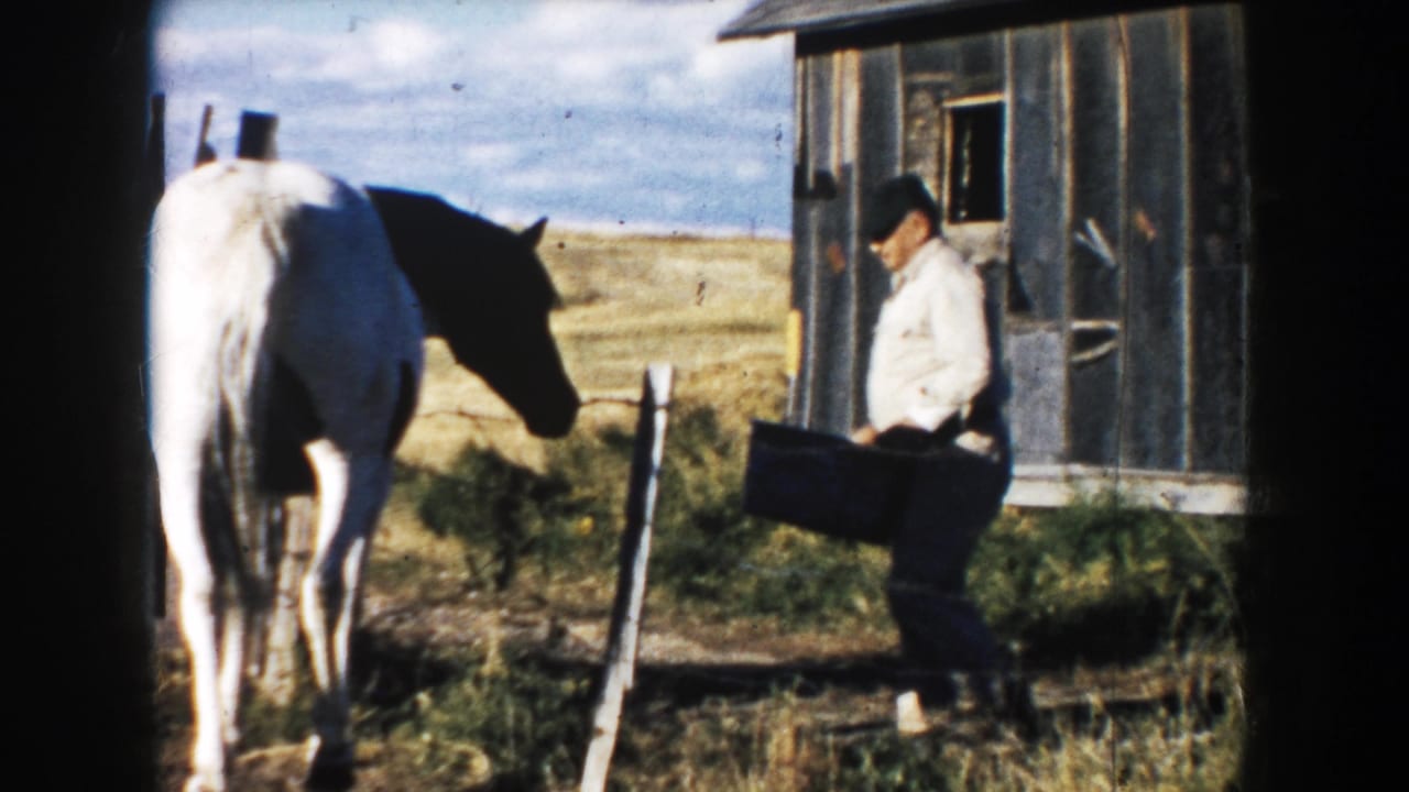 1953 South Dakota home-movie frame showing a man near a white horse, fence posts, dry grass, and a small weathered barn.
