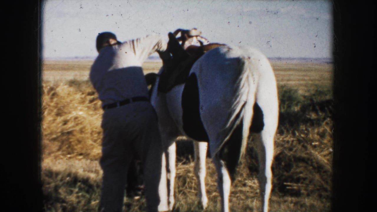 In 1953 South Dakota home-movie footage, a man in light clothing works beside a black-and-white horse on open prairie grassland.