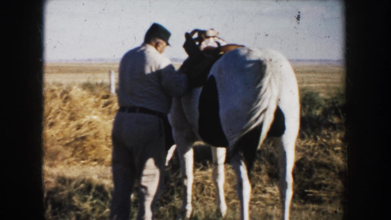 Man stands beside a black-and-white horse while working with the saddle.