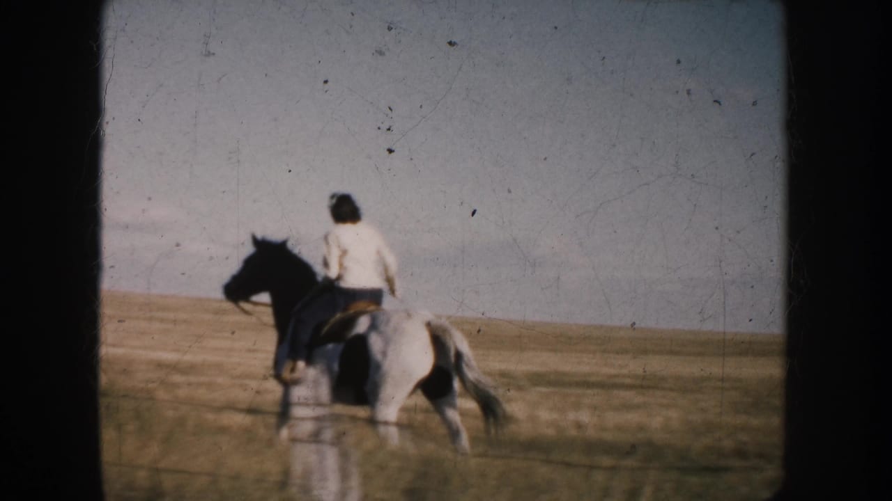 Rider on a pinto horse moving farther across a broad grassy field.