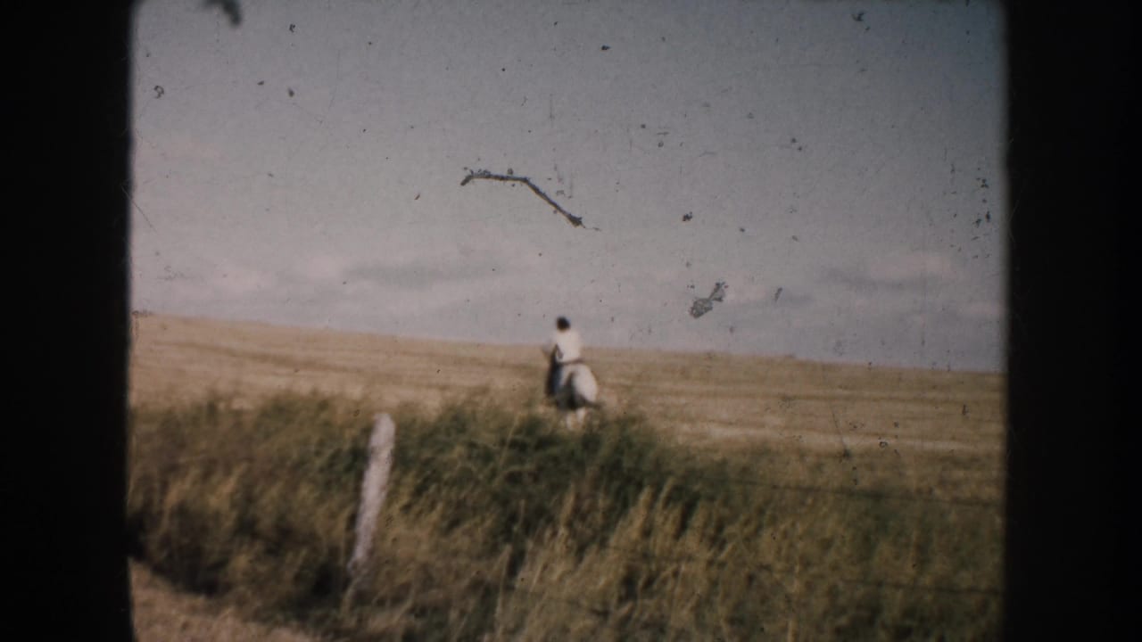 Rider and horse farther across the prairie with fence line in foreground.
