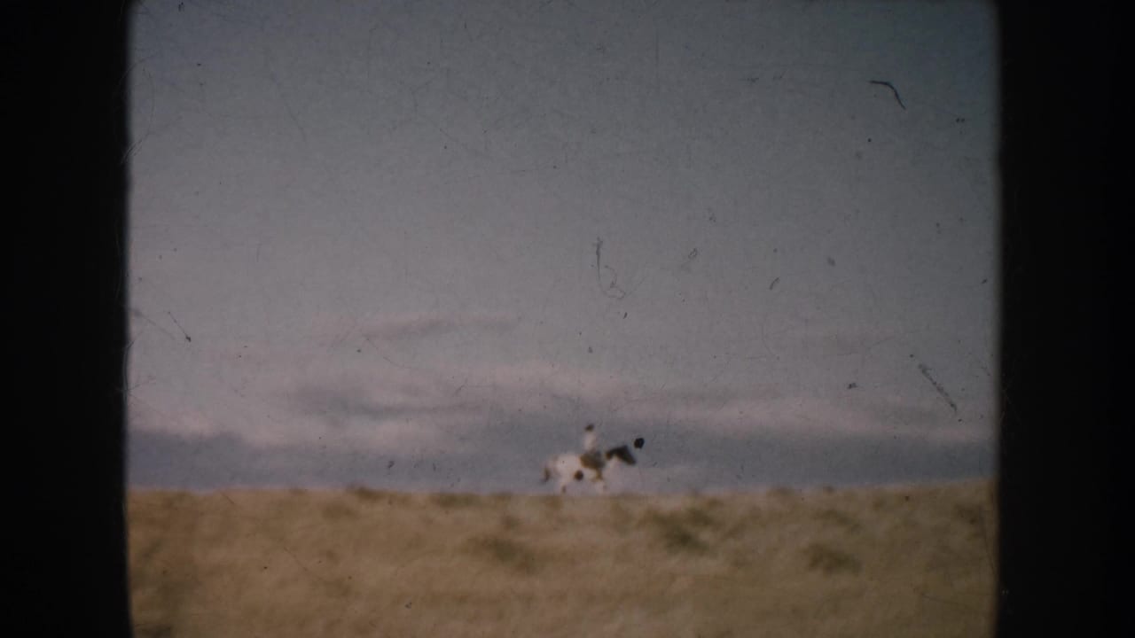 Distant horseback rider moving along a low sandy horizon under a pale sky.