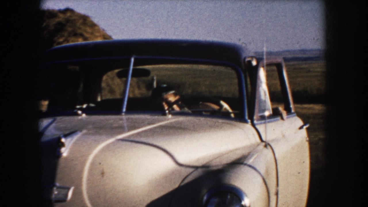 White vintage car approaching with a driver visible through the windshield in open farmland.