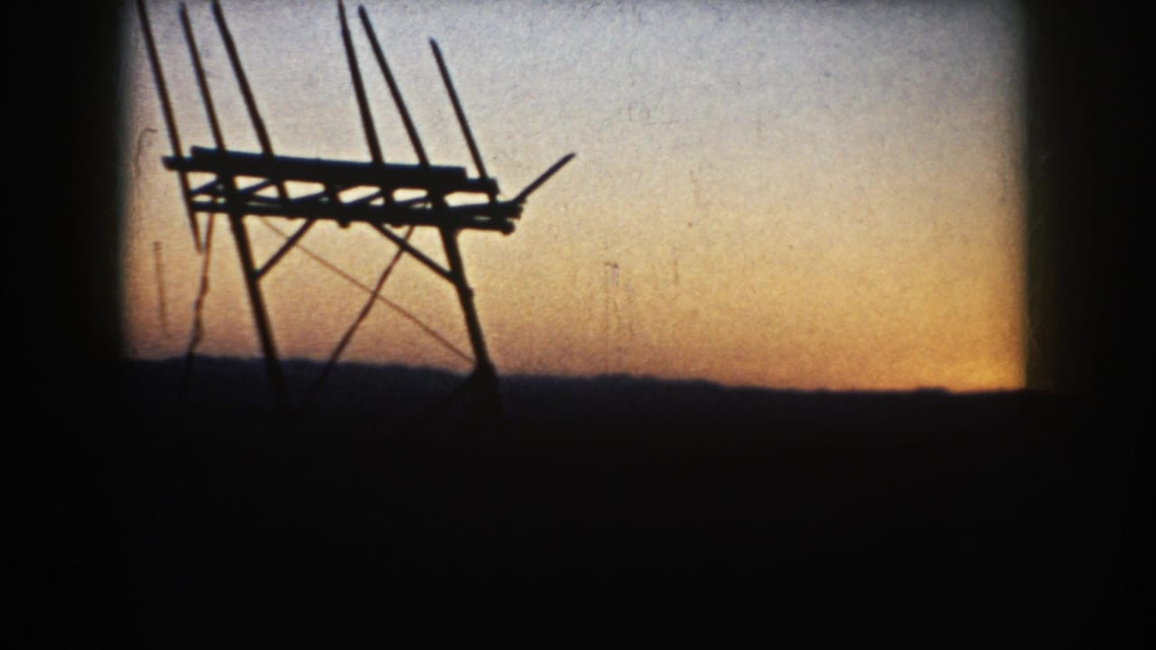 Dark wooden antenna-like structure silhouetted against a gold sunset sky and low horizon.