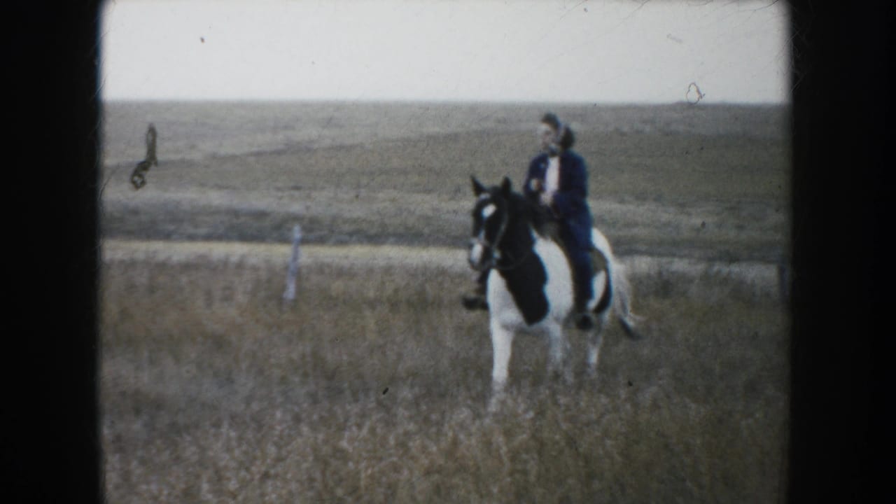 A person on horseback appears at the edge of the 1953 South Dakota prairie scene, suggesting ranch work near the moving cattle.