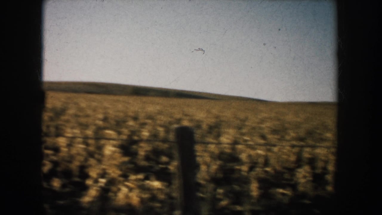 1953 South Dakota 8mm frame showing open dry pasture, a foreground fence post, low distant hills, and faint cattle forms near the horizon.