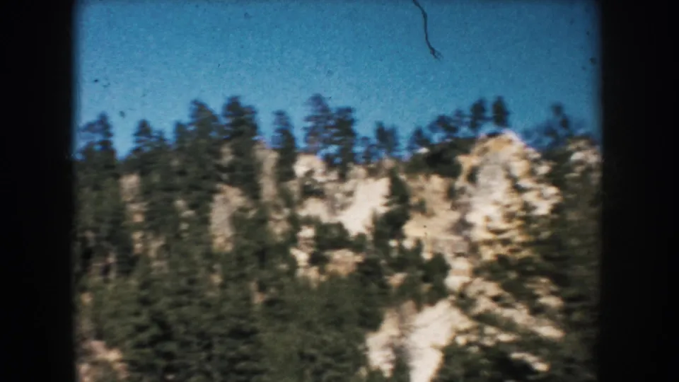 1953 South Dakota 8mm view of a pine-covered ridge and pale cliffs from a moving travel camera.