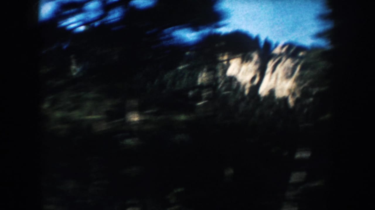 1953 South Dakota 8mm frame with dark roadside trees and a pale rocky ridge blurred by car movement.