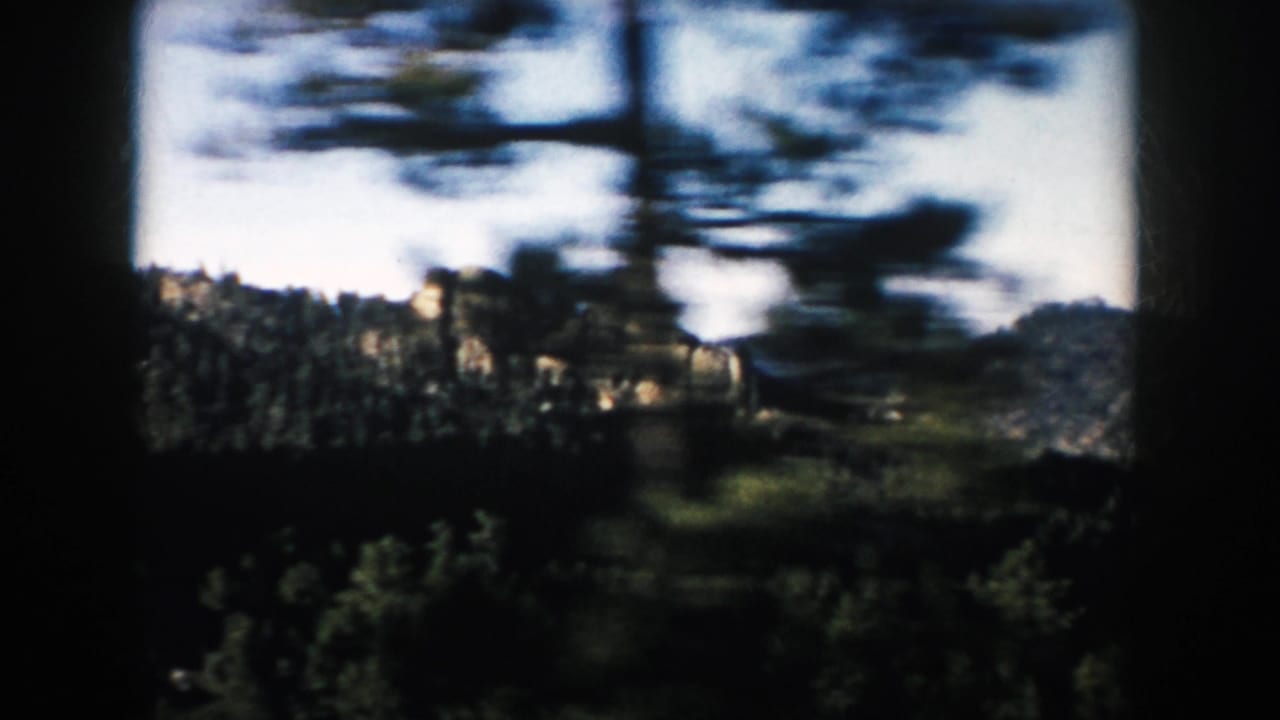 1953 South Dakota 8mm frame where foreground trees frame pale rock outcrops above a dark evergreen forest.