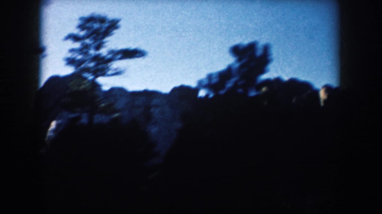 Dark foreground trees and rocky mountain forms under a bright blue sky.