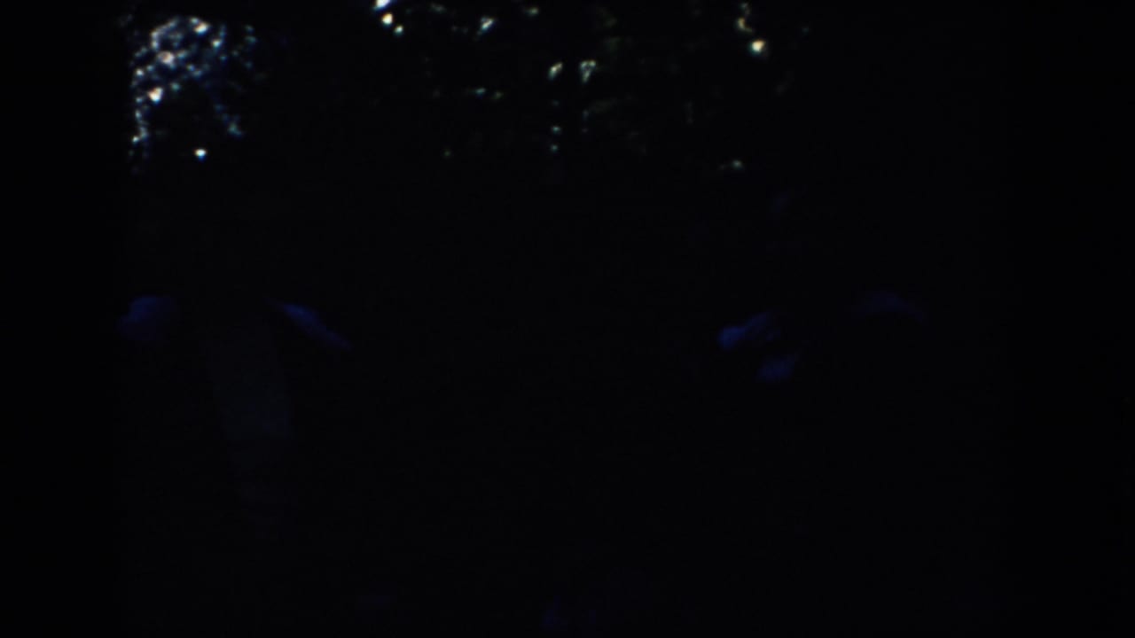 Blue-black 8mm frame from South Dakota in 1953 showing faint figures beneath a strip of reflected light.