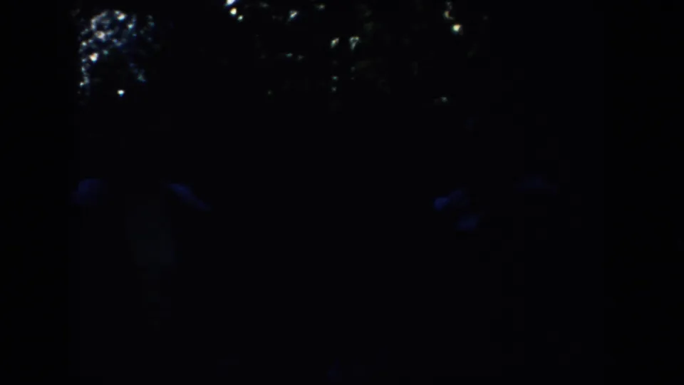 Blue-black 8mm frame from South Dakota in 1953 showing faint figures beneath a strip of reflected light.