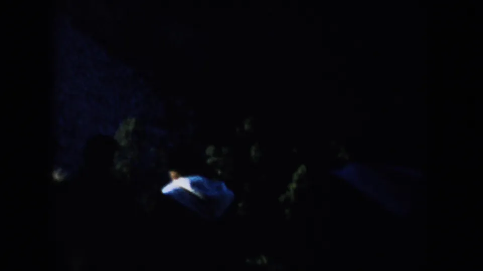 Shadowed 1953 South Dakota home-movie frame showing Mount Rushmore, dark trees, blue sky, and a small distant visitor-like figure below.