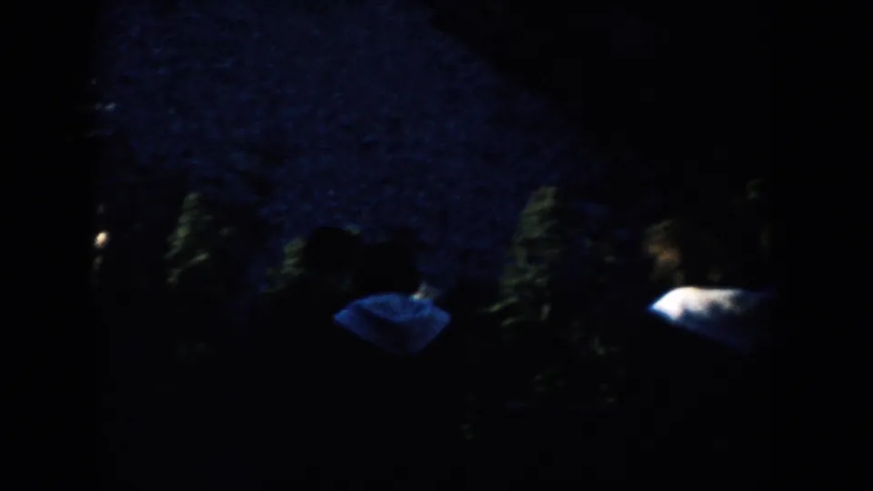 Low-light 1953 South Dakota home-movie frame with people walking near dark foliage and a pale shirt or jacket at right.