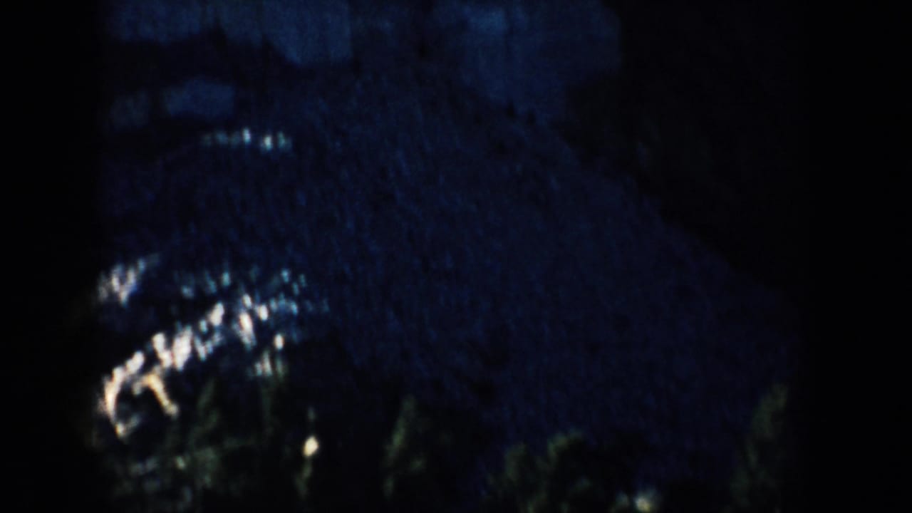 1953 South Dakota 8mm night frame with foliage and a barely visible figure shape in heavy shadow.
