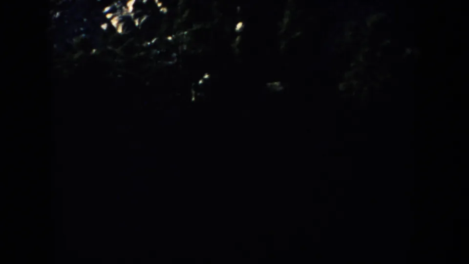 Dark 1953 home-movie frame near Mount Rushmore, with faint foliage and landscape detail visible at the upper edge.