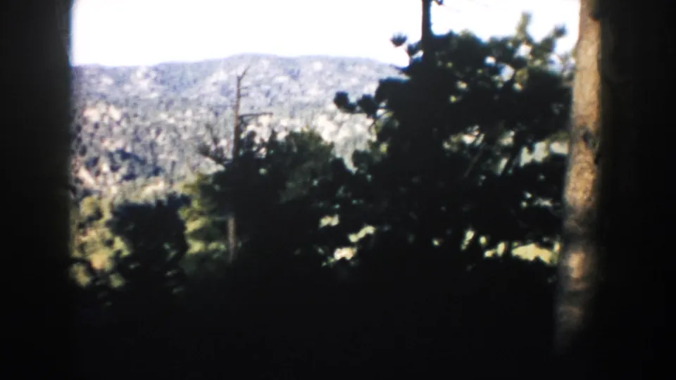 1953 8mm landscape view near Mount Rushmore, showing trees in shadow with pale Black Hills terrain beyond.