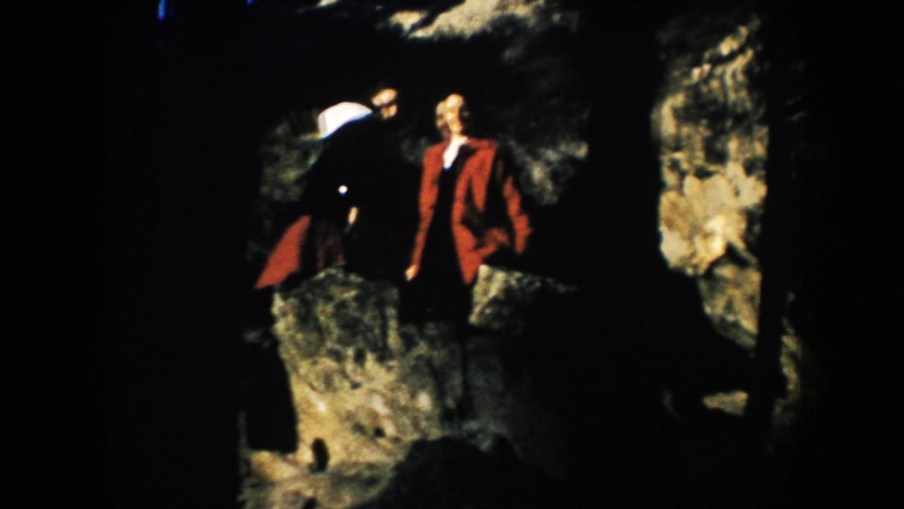 Two adults stand among large rocks under trees.