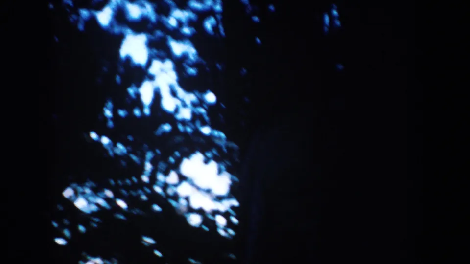 Dark 8mm frame with blue-white patches that appear to be light filtering through trees or an abstract reel-end transition.