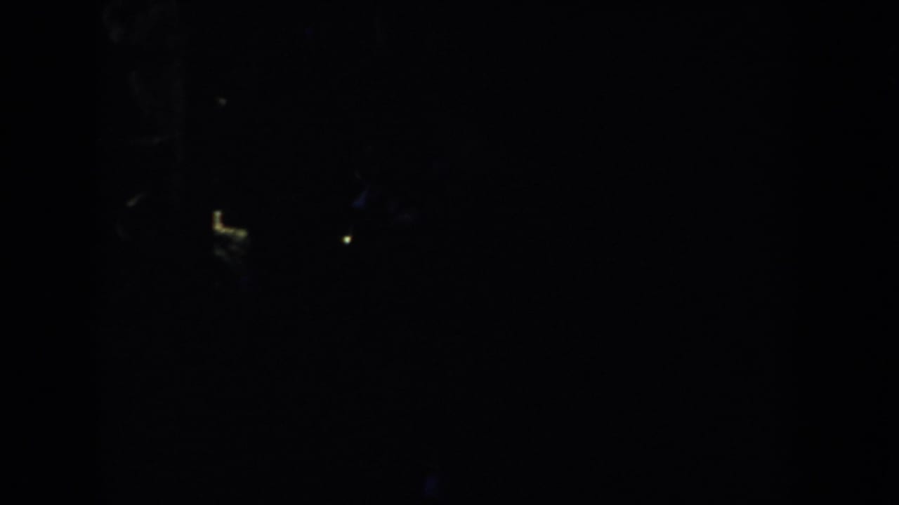 A very underexposed 1953 South Dakota night frame with indistinct vertical shapes and isolated yellow-blue highlights.