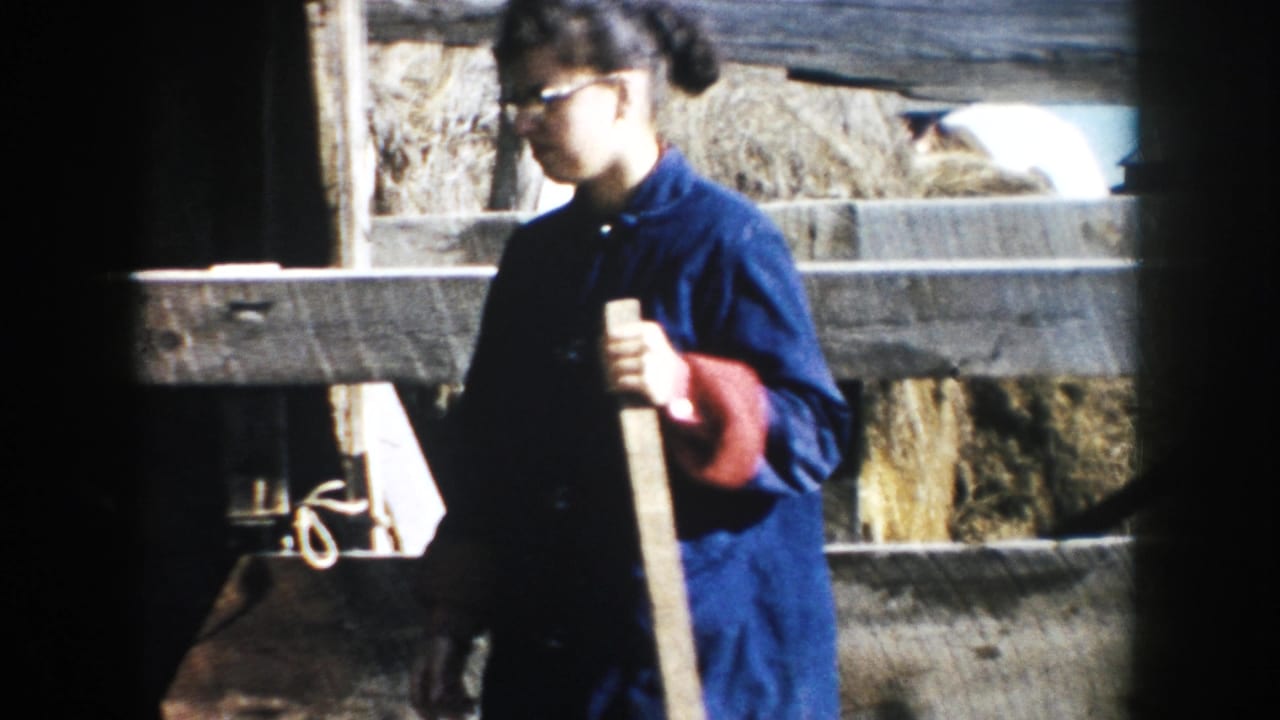Person in a blue work coat stands by a wooden cattle pen holding a tool.