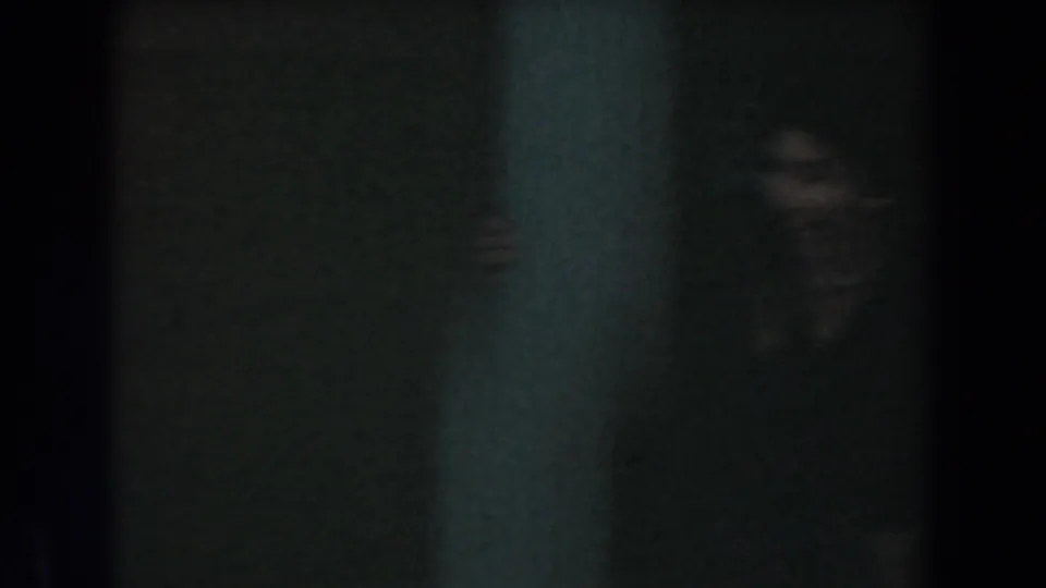 Dark 8mm frame from the Knott's Berry Farm clip with a partially visible person near the right edge and vertical shadow bands.