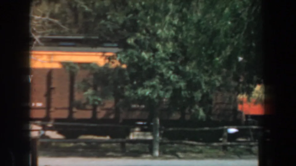 At Knott's Berry Farm in 1961, brown and yellow D&RGW rail cars move behind trees and a low fence in an 8mm home-movie frame.