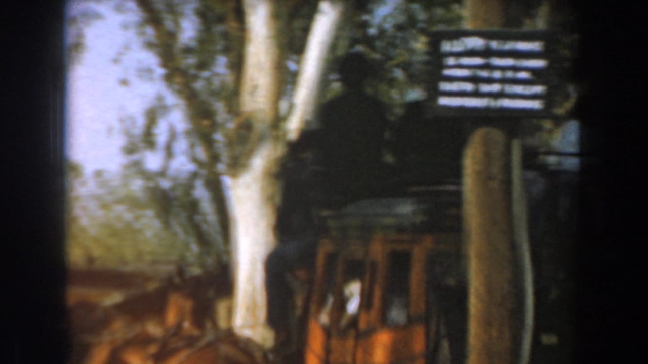 Part of the orange carriage appears beside trees and a ride sign.