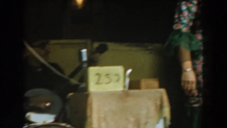 A stage detail shows a table with a numbered sign and part of the singer in a green skirt at Knott's Berry Farm.