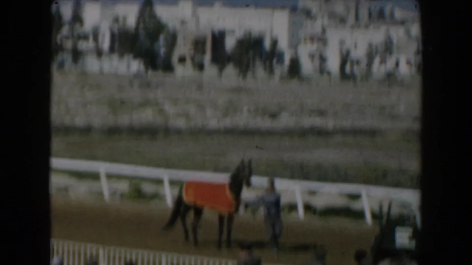 1962 Greece home-movie frame showing a horse in a red blanket being handled near a racetrack rail with buildings in the distance.