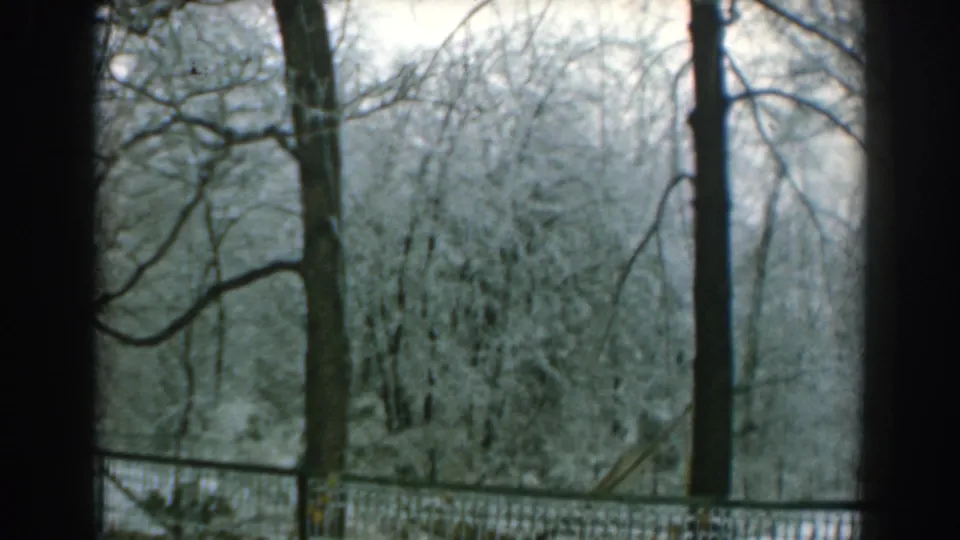 A handheld 8mm view of the snowy Greek park shows fencing, dark tree trunks, and thick white winter branches.