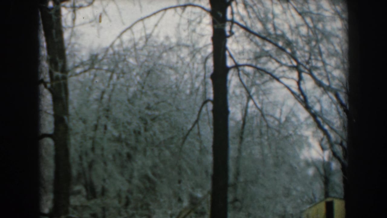 1962 Greek 8mm home-movie view of snow-covered trees through a dark window frame, with a pale winter sky beyond.