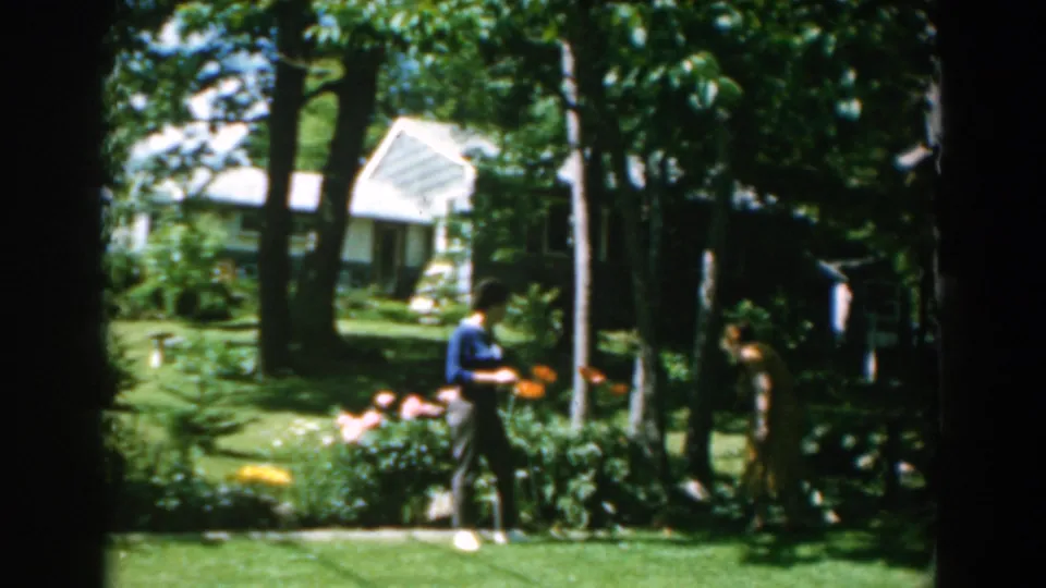 In the 1962 Greece home-movie frame, the woman stands by orange flowers as a dog forages near the shaded garden edge.