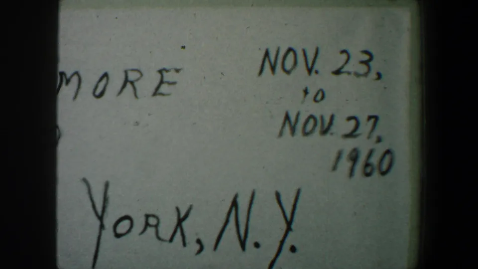 1960 home-movie card frame with New York, N.Y. lettering and a Nov. 23 to Nov. 27, 1960 date range on white paper.