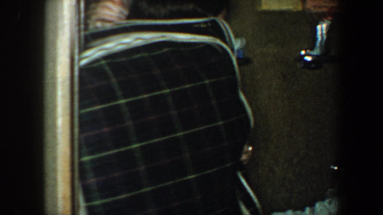 Large plaid suitcase in a dim hallway with part of a person visible nearby.